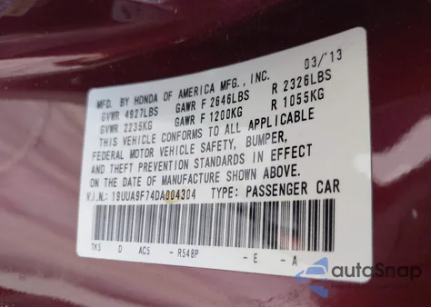 2013 Acura Tl 3.7 from USA, damaged, VIN 19UUA9F74DA004304